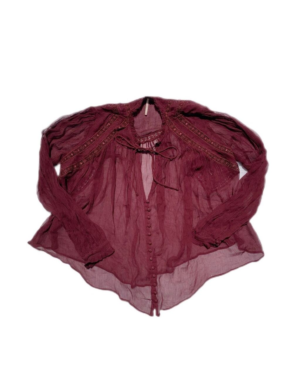 Free people Maroon Burgundy Sheer Lace Crepe Button down